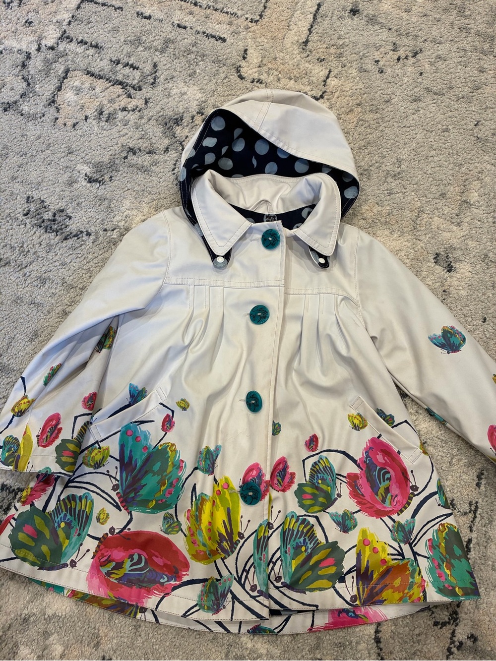 Catimini White Hooded Raincoat with Multicolor Floral Trim